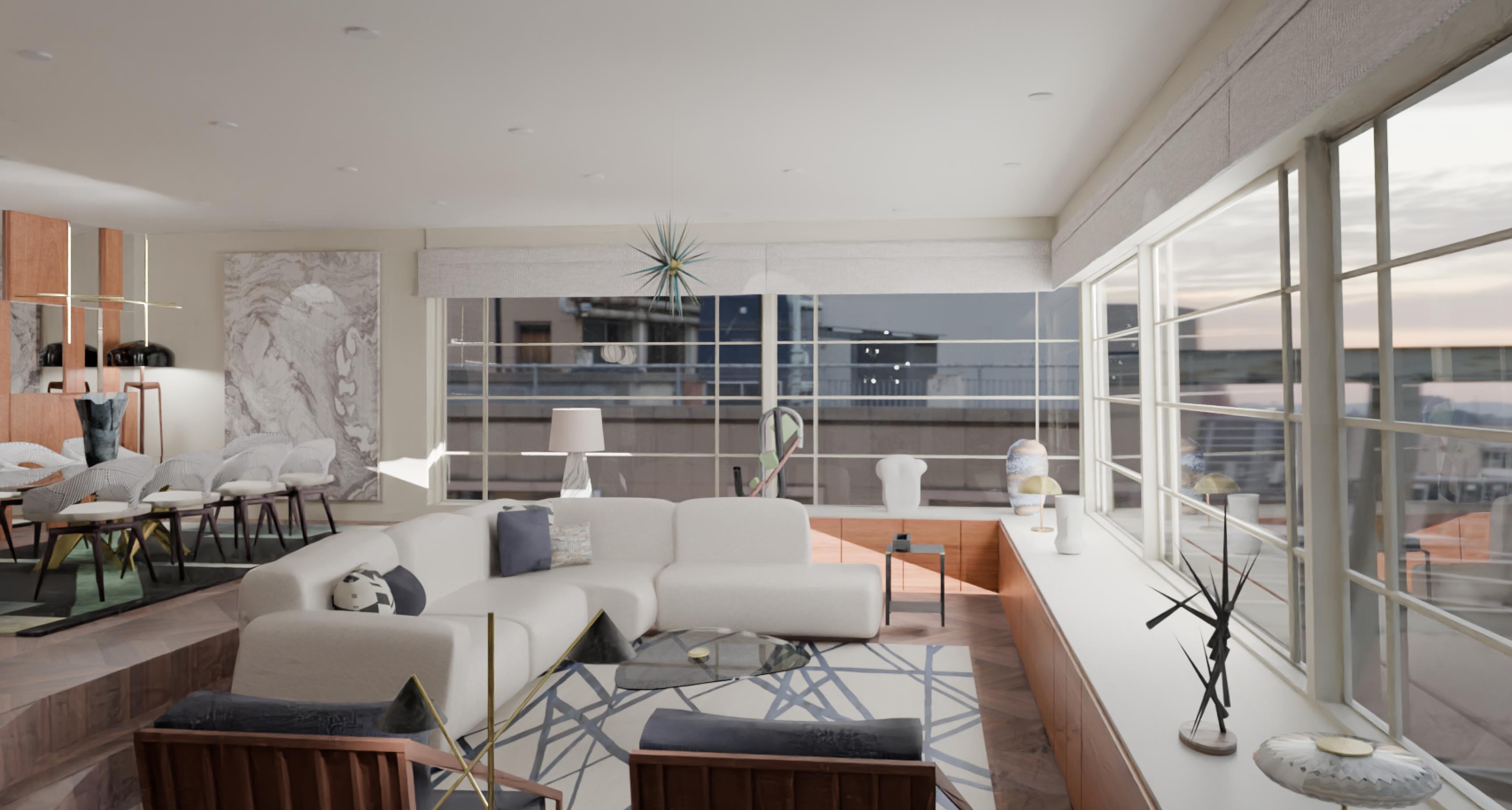A warm modern interior visualised by Techno Antiques.